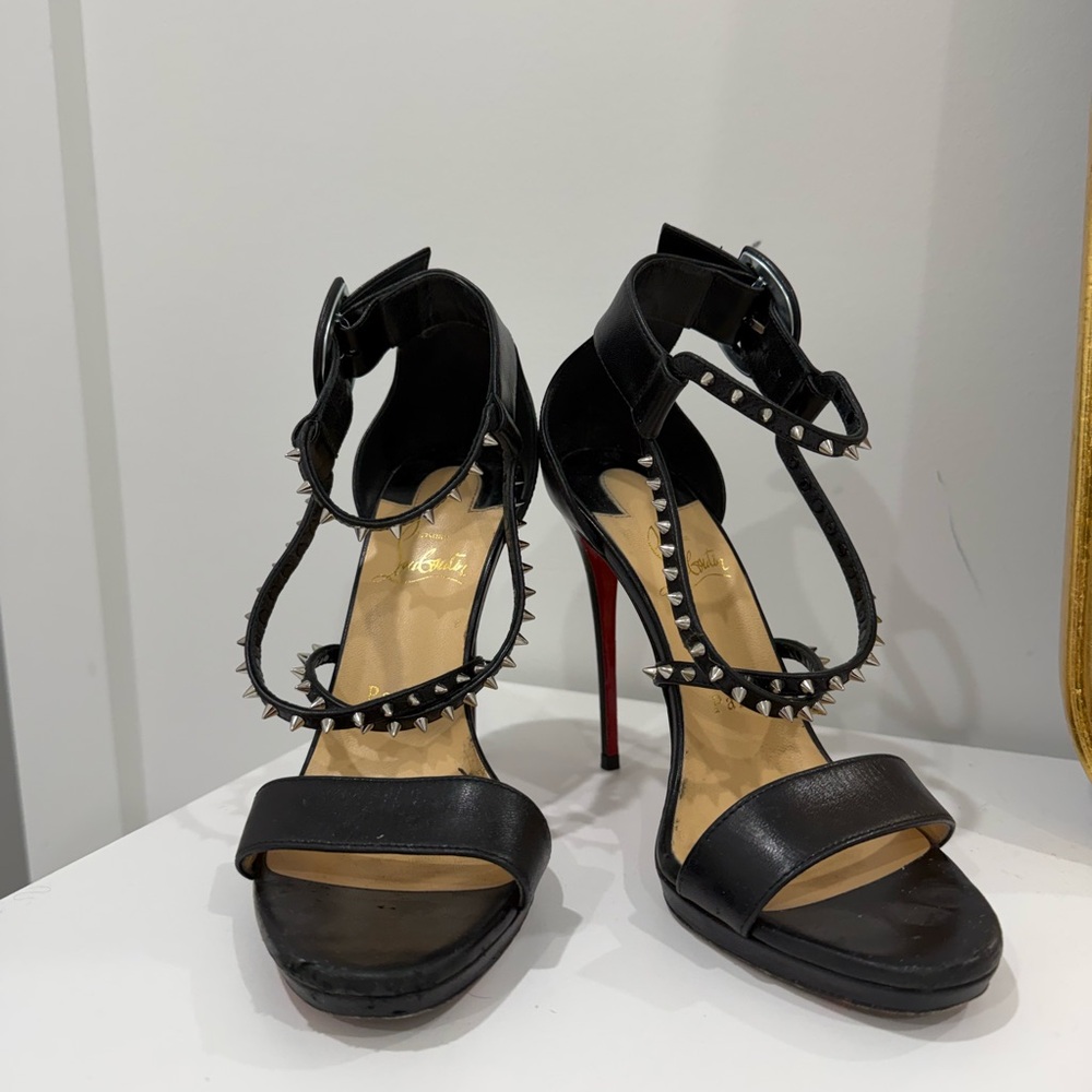 Louboutin Choca Lux 120MM Leather Black Studded High Heel Sandals - Picture 8 of 8